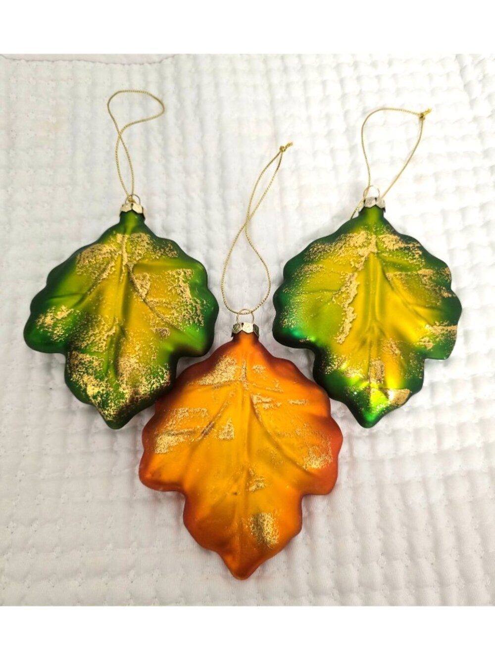 Vntg Set/3 Glass Maple Leaf Ornaments Gold Accent Green Orange Fall Christmas